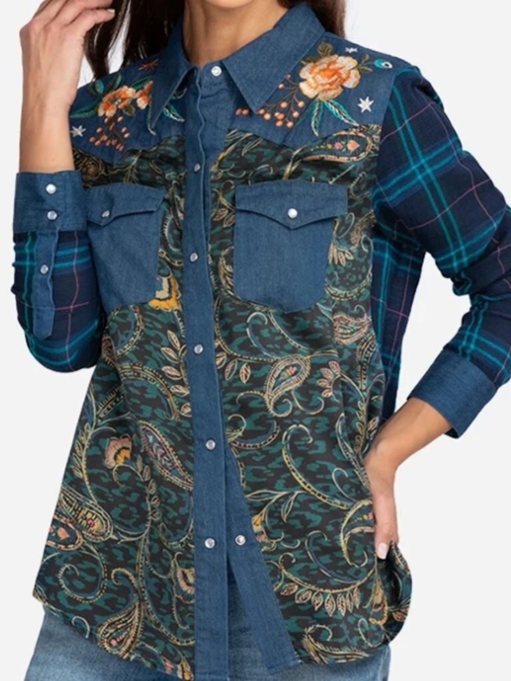 Johnny Was Twilight Print Silk Western Embroidered Pearl Snap Button Down Sz XS